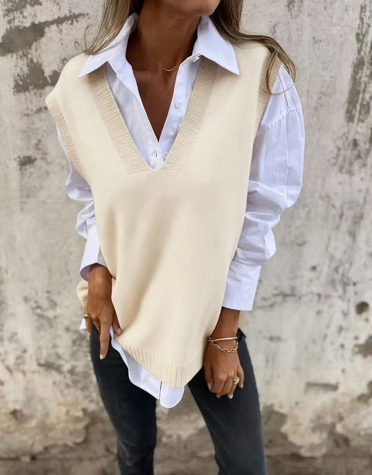 Damen lässiger Strickpullover mit V-Ausschnitt