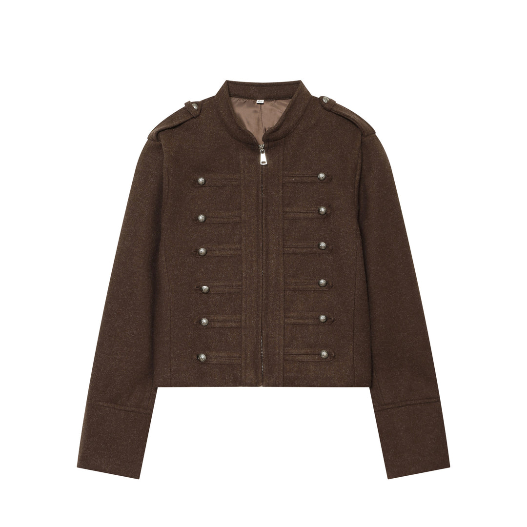 Damen Militärinspirierte Wolljacke mit Stehkragen, dekorativen Zierknopfreihen und Reißverschluss Nord Taschen