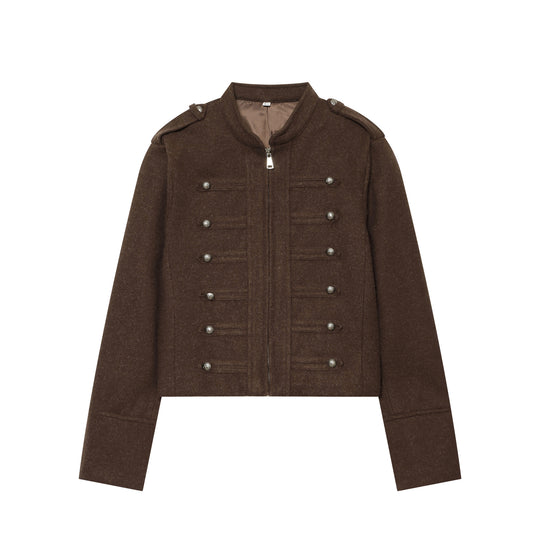 Damen Militärinspirierte Wolljacke mit Stehkragen, dekorativen Zierknopfreihen und Reißverschluss Nord Taschen