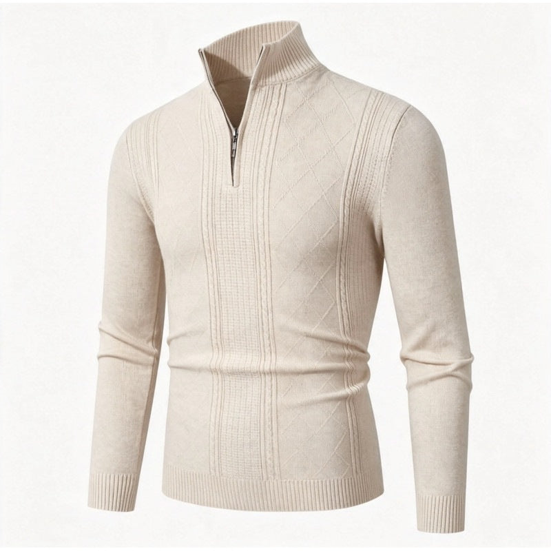 Herren Feiner Halbzip-Rollkragenpullover mit Strukturstreifen und körpernahem Schnitt Nord Taschen