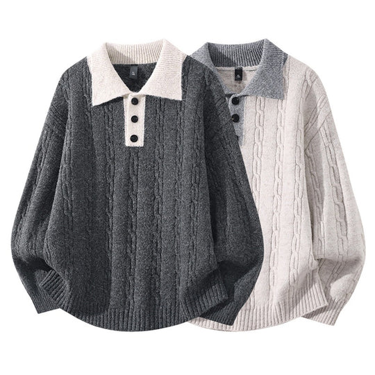 Herren Oversize Zopfmuster-Polo-Strickpullover mit Kontrastkragen und Dreiknopfleiste Nord Taschen