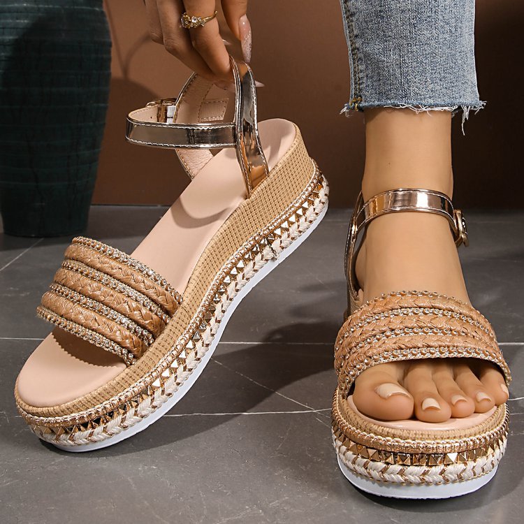 Damen Riemensandalen mit modischer Schmuckverzierung und Plateau-Rand