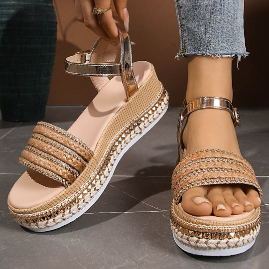 Damen Riemensandalen mit modischer Schmuckverzierung und Plateau-Rand