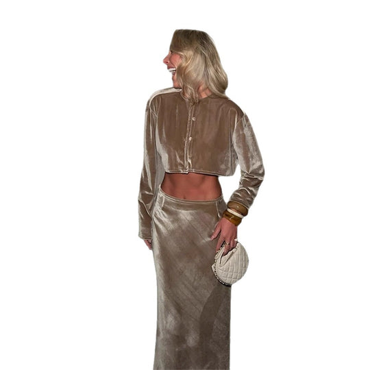 Damen Samt-Cropped-Set mit geknöpftem Kurzcardigan & tailliertem Midirock Nord Taschen