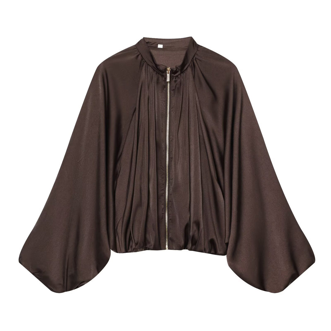 Damen Kurz geschnittene Satin‑Bomberjacke mit weitem Fledermausärmeln und Falten-Detail Nord Taschen