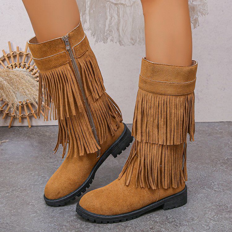 Damen Mid‑Calf Fransenstiefel aus Veloursimitat mit mehrlagigen Fransen und profilierter Gummisohle Nord Taschen
