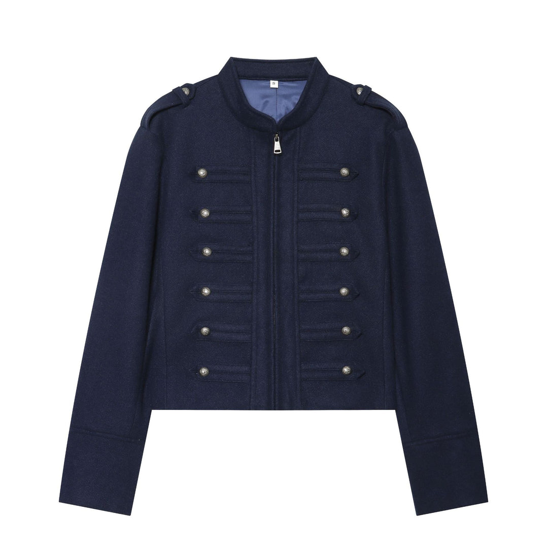 Damen Militärinspirierte Wolljacke mit Stehkragen, dekorativen Zierknopfreihen und Reißverschluss Nord Taschen
