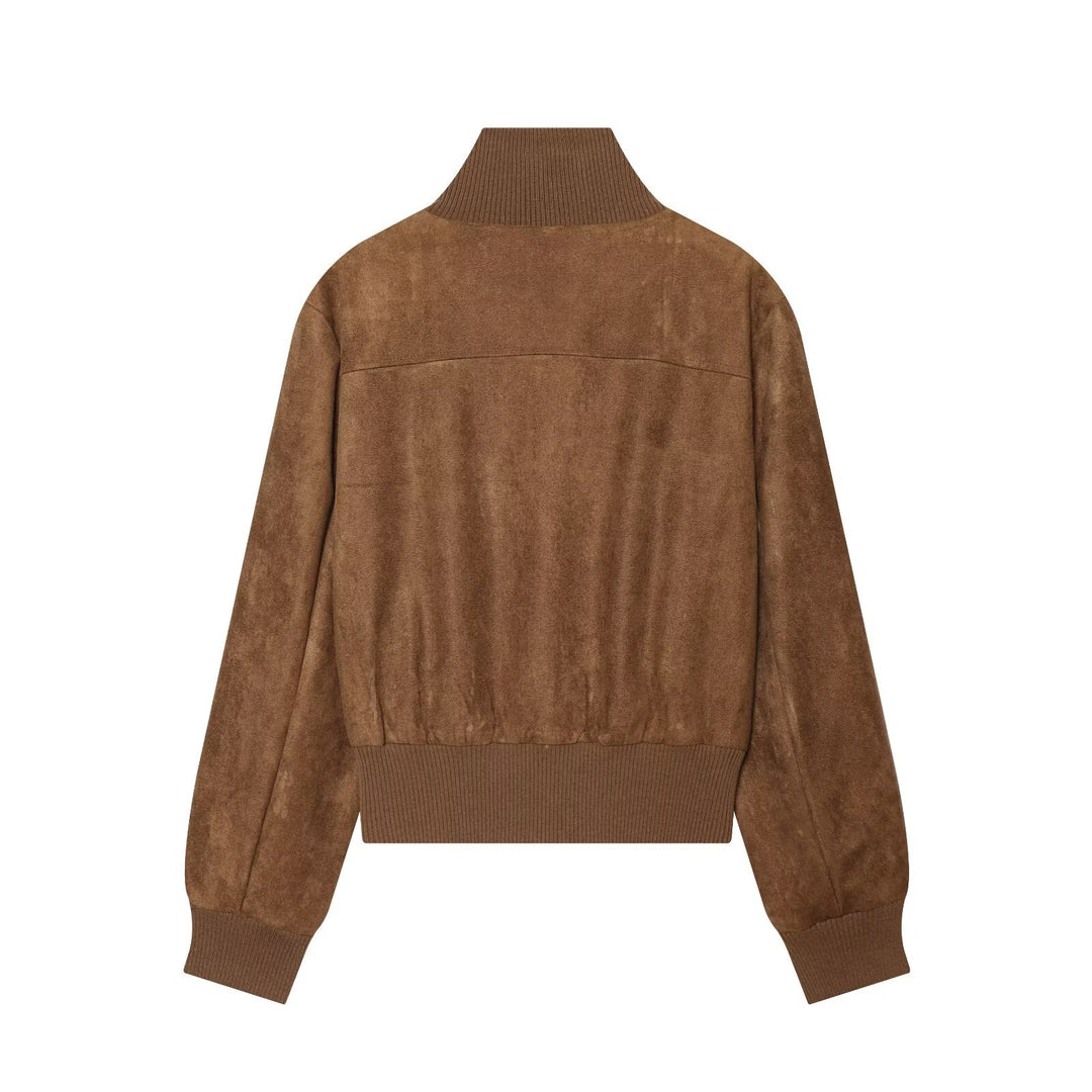 Damen Kurzblouson aus Veloursleder mit hohem Rippkragen und aufgesetzten Pattentaschen Nord Taschen