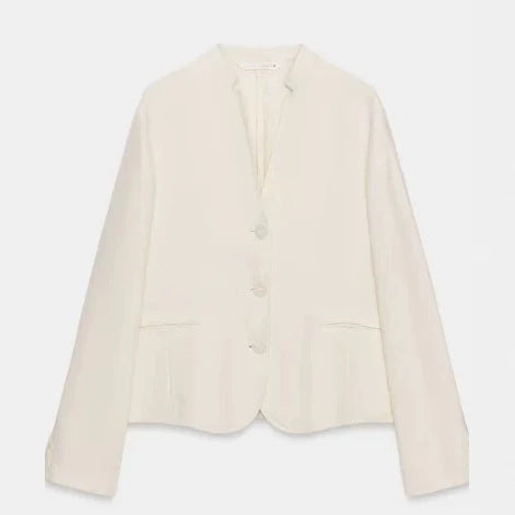 Damen Leichter kragenloser Blazerjacke mit V‑Ausschnitt, drei‑Knopfverschluss und aufgesetzten Taschen Nord Taschen