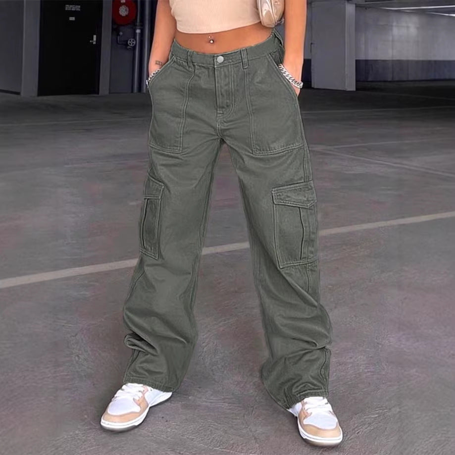 Damen Cargo-Hose mit weitem Bein, hoher Taille und Utility-Taschen Nord Taschen