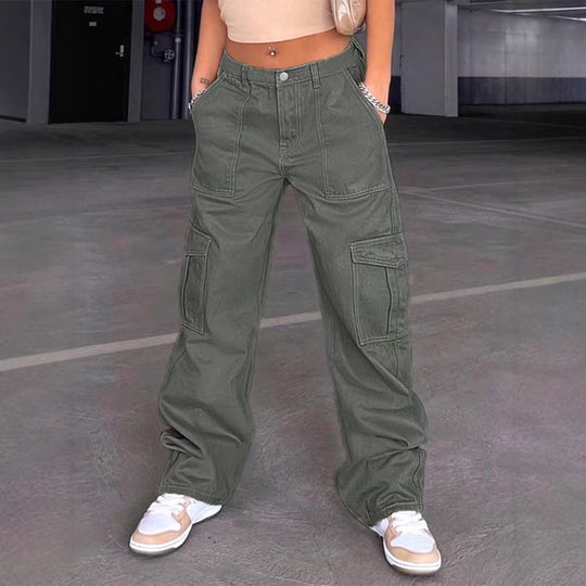 Damen Cargo-Hose mit weitem Bein, hoher Taille und Utility-Taschen Nord Taschen