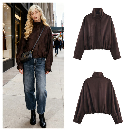 Damen Oversize Veloursjacke mit hohem Stehkragen und elastischem Saum Nord Taschen