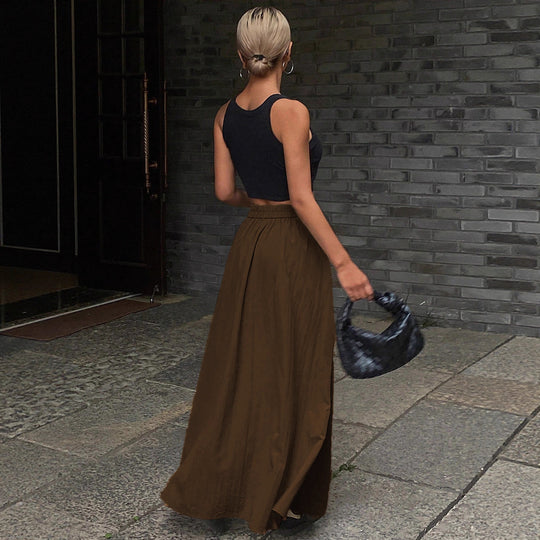 Damen Langer A-Linien Maxirock mit asymmetrischer Wickelblende und Faltenlegung Nord Taschen