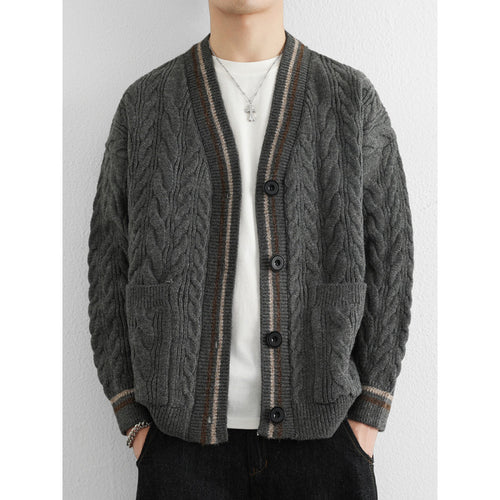 Herren Grober Zopfstrick-Cardigan mit aufgesetzten Taschen und Kontraststreifen Nord Taschen