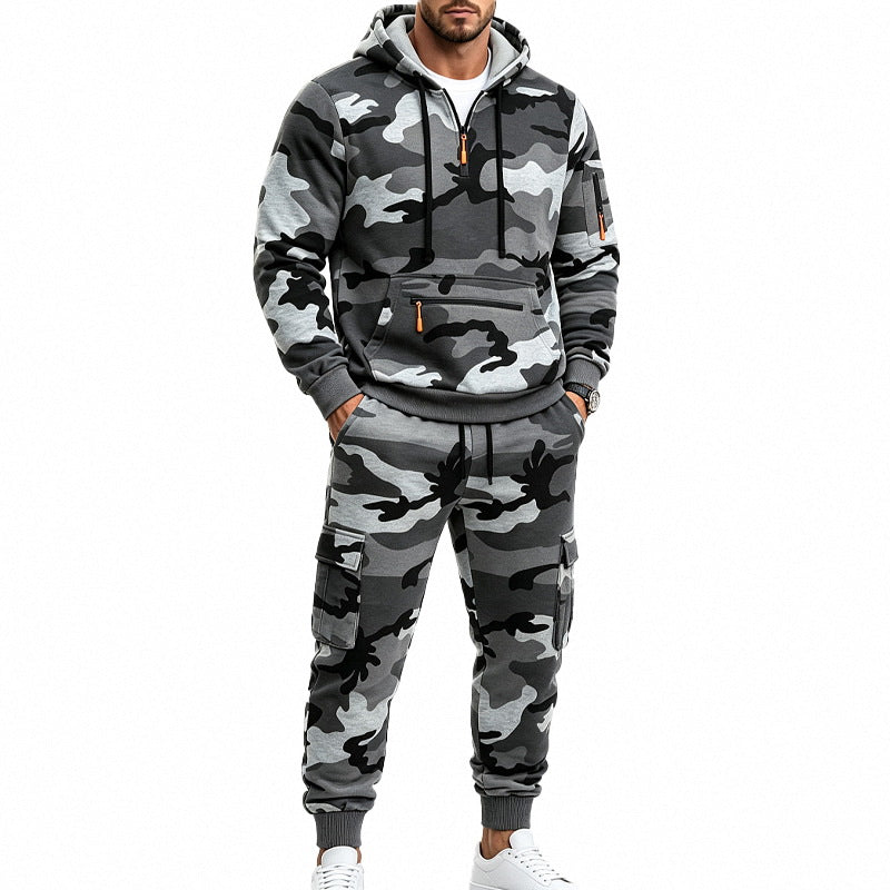 Herren Zweiteiliges Camouflage-Trainingsanzug-Set mit Kapuzen-Sweatshirt und Cargo-Joggern Nord Taschen