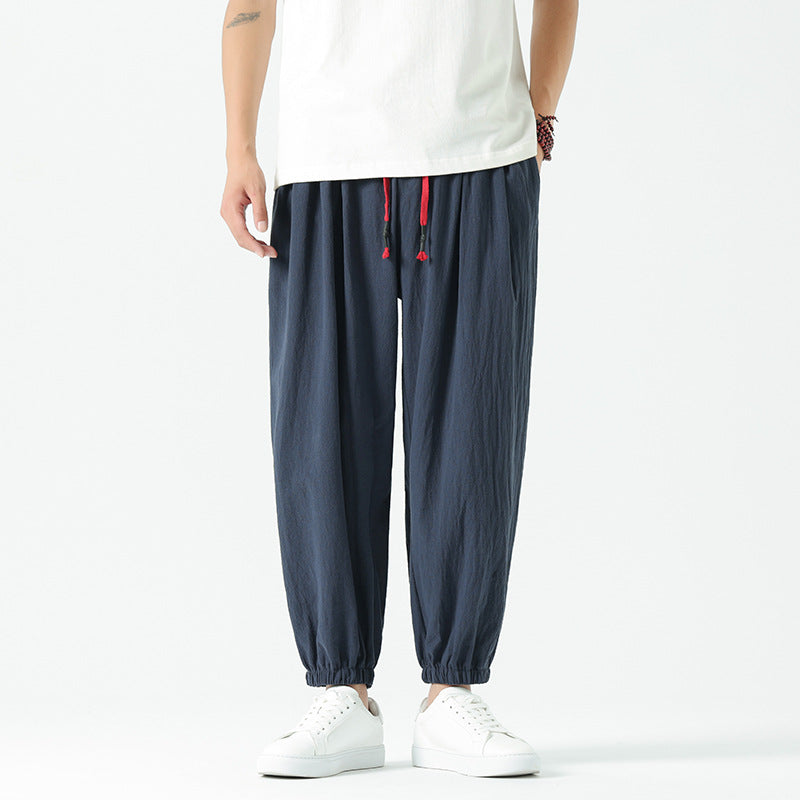 Herren locker geschnittene Leinen-Baumwoll Hose mit Kordelzug und elastischen Bündchen Nord Taschen
