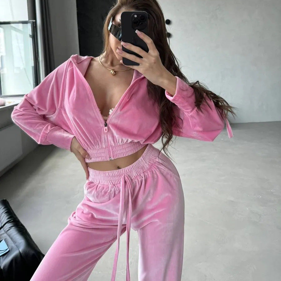 Damen luxuriöser Samt Zweiteiler Jogginganzug mit Cropped Reißverschluss und weiten Hosen Nord Taschen