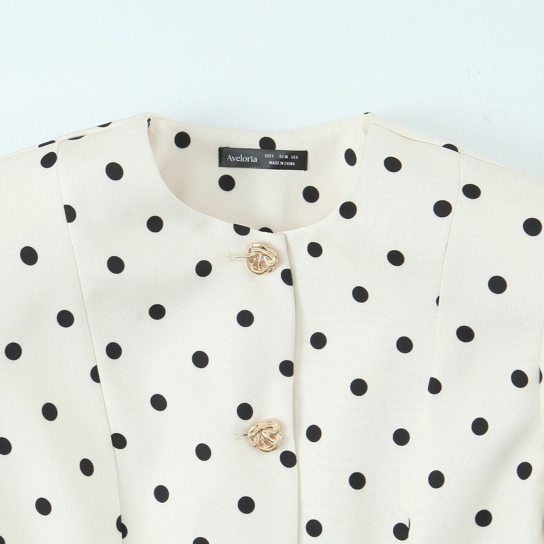Damen Gepunktete Kurzjacke mit Ballonärmeln und Zierknopfleiste Nord Taschen