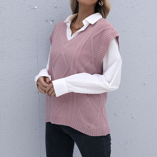Damen Strick-Longweste mit Zopfmuster, V‑Ausschnitt und entspanntem Oversize-Schnitt Nord Taschen