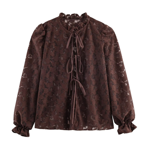 Damen Semi-transparente Jacquard‑Spitzenbluse mit Stehvolant, Kordelbindern und Ballonärmeln Nord Taschen