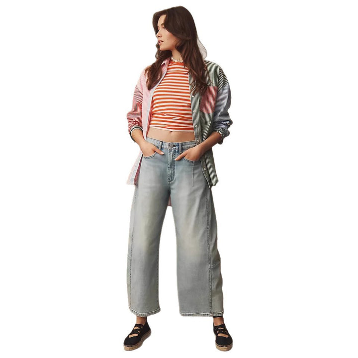 Damen hochgeschnittene weite Culotte-Jeans mit verkürzter Länge und dekorativen Nahtdetails Nord Taschen