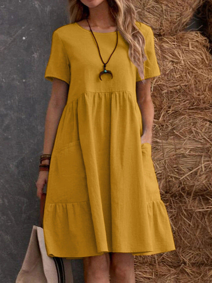 Damen Lockeres Baumwollkleid mit Taschen und Volant
