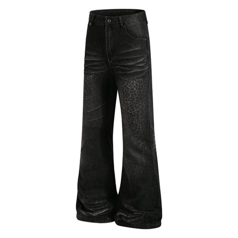 Damen Hochgeschnittene Flared-Jeans mit dezenter Leo-Prägung und Used-Waschung Nord Taschen
