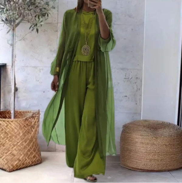 Damen nan eleganter Chiffon-Zweiteiler mit weiter geschnittener Palazzohose und langem Kimono-Überwurf