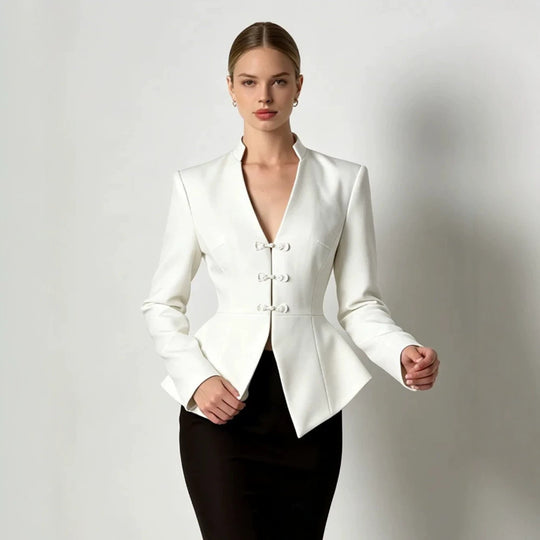 Damen Taillierter Peplum-Blazer mit Mandarinkragen und dekorativen Knotenverschlüssen Nord Taschen