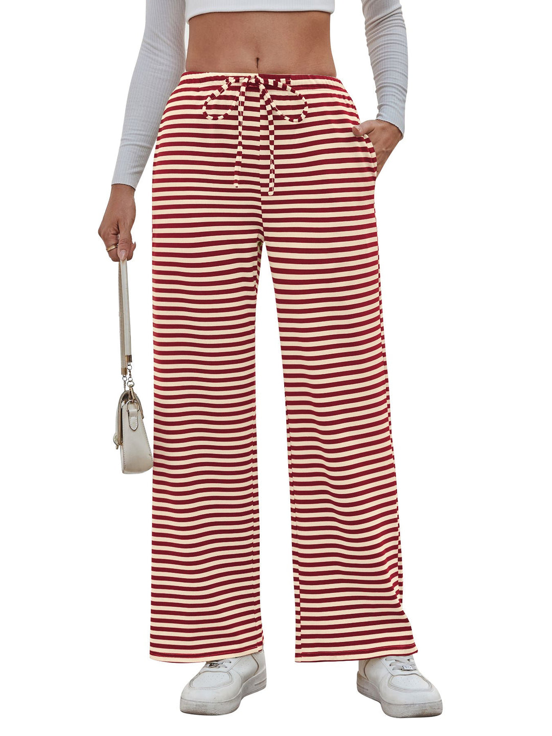 Damen weite Streifenhose mit elastischem Bund und Kordelzug