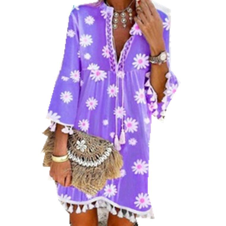 Damen Strandkleid mit floralen Motiven und Quastenverzierungen