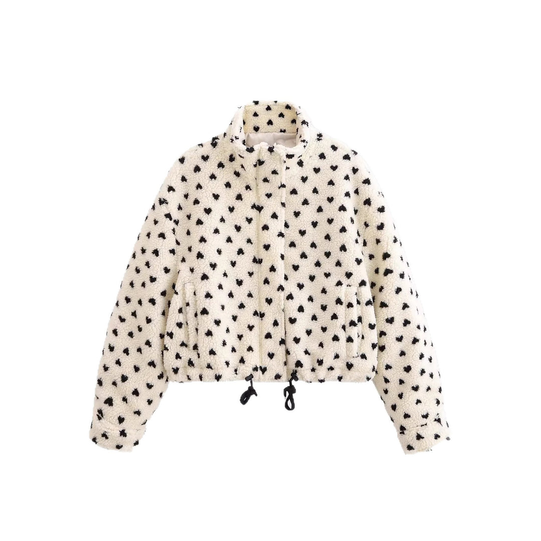 Damen Kurze Teddyjacke aus Sherpa‑Fleece mit Herzchenprint und Tunnelzug Nord Taschen