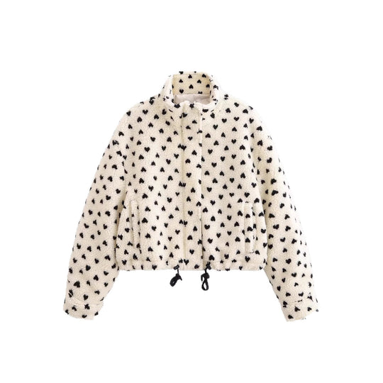 Damen Kurze Teddyjacke aus Sherpa‑Fleece mit Herzchenprint und Tunnelzug Nord Taschen