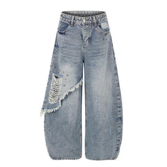 Damen High‑Waist weite Palazzo-Jeans mit asymmetrischem Fransen-Detail und Strassapplikation Nord Taschen
