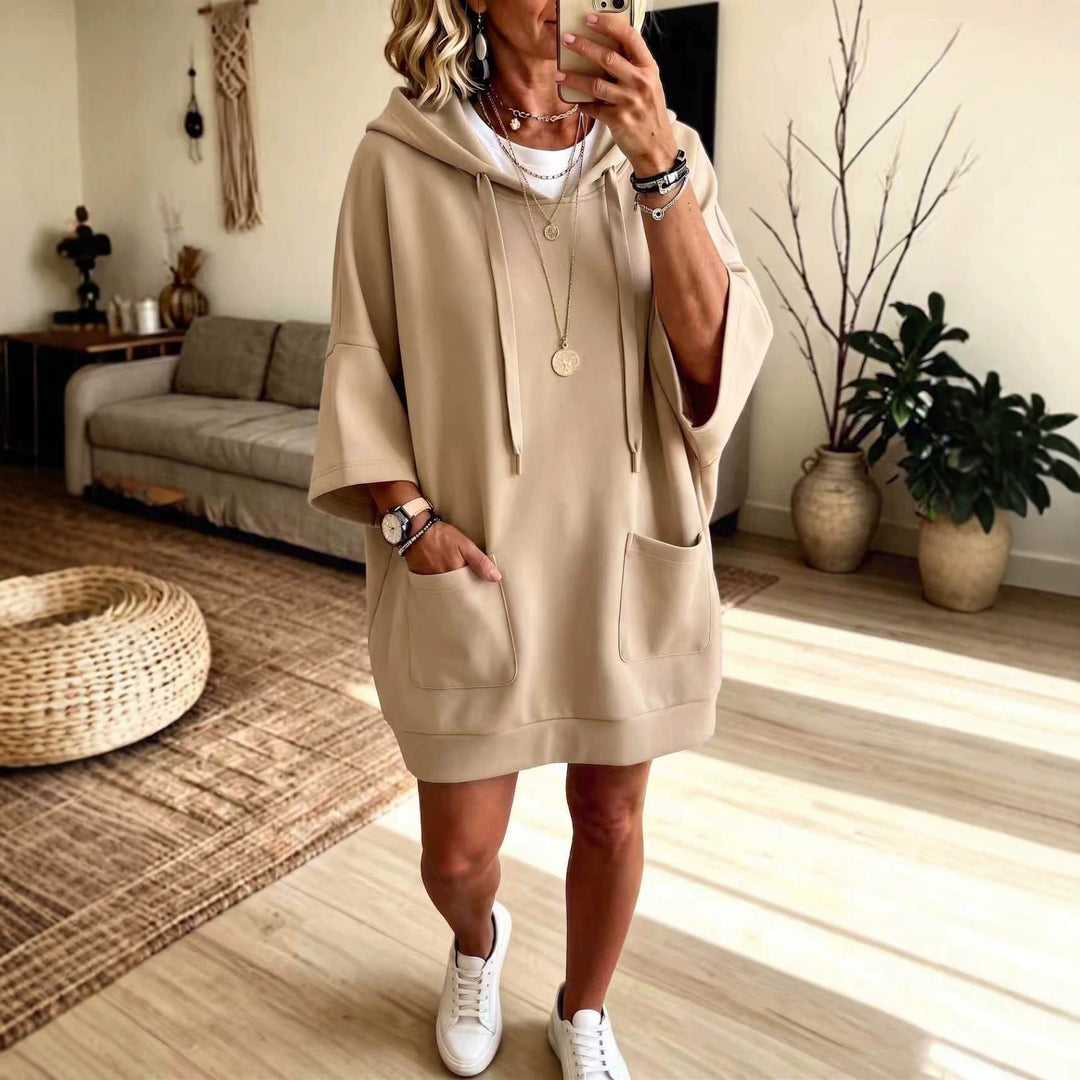 Damen Oversize Hoodie-Kleid mit Kängurutaschen und halblangen Ärmeln Nord Taschen