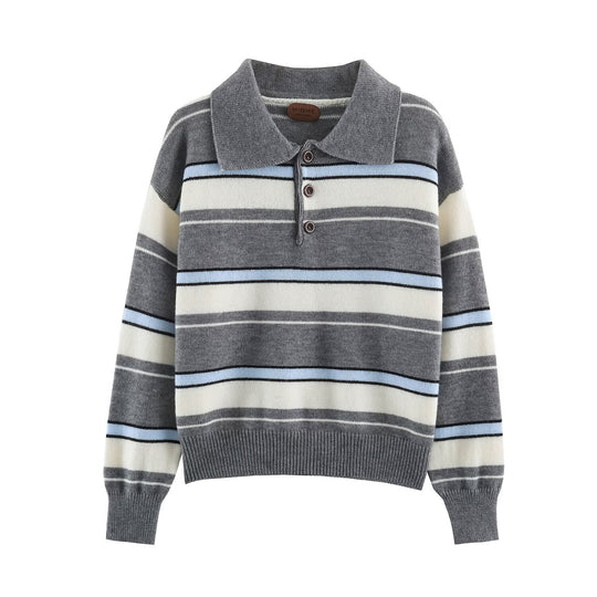 Damen Gestreifter Oversize-Pullover mit Polokragen und V-Ausschnitt Nord Taschen