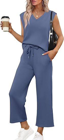 Damen Lässiges Zweiteiliges Lounge-Set mit Ärmellosem V-Neck-Top und Weiten Kordelbund-Hosen Nord Taschen