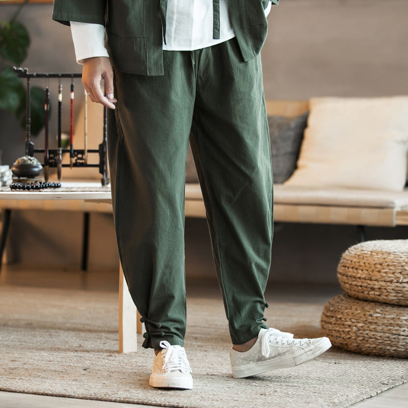 Herren Lässige Leinenmix-Hose mit Tunnelzugbund, verengtem Fußabschluss und Knoten-Detail Nord Taschen