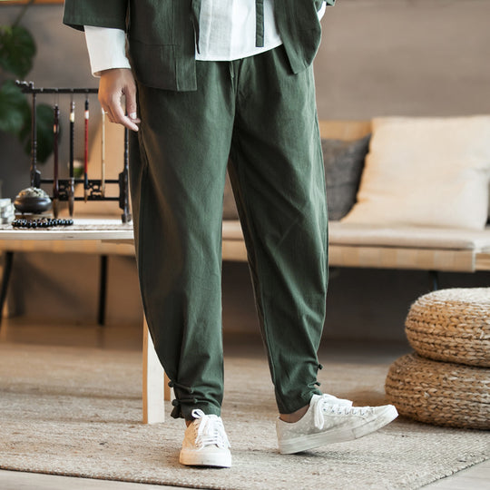 Herren Lässige Leinenmix-Hose mit Tunnelzugbund, verengtem Fußabschluss und Knoten-Detail Nord Taschen