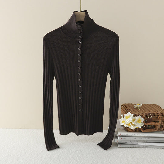 Damen Schmaler Rippen-Longsleeve-Cardigan mit verdeckter Knopfleiste und Stehkragen Nord Taschen