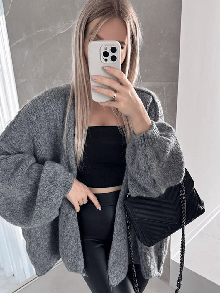 Damen Oversize Strickcardigan mit voluminösen Ballonärmeln und teddyähnlicher Struktur Nord Taschen