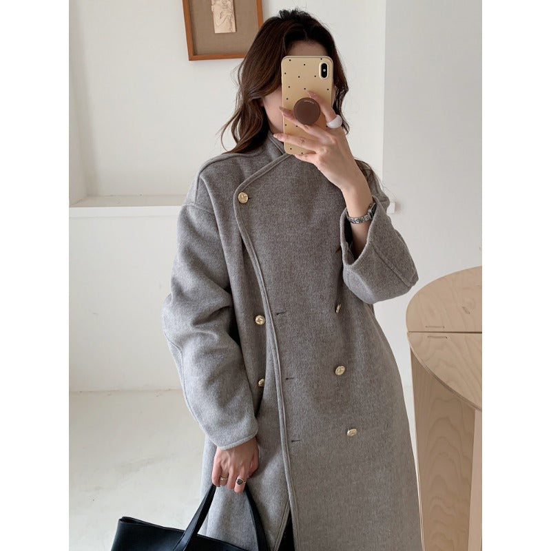 Damen Oversize Wollmix-Mantel mit doppelreihiger Knopfleiste, Stehkragen und überschnittener Schulter Nord Taschen