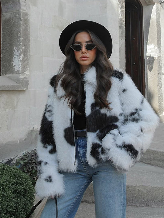 Damen Kurz geschnittener Faux‑Fur‑Bomber mit Fleckenmuster Nord Taschen