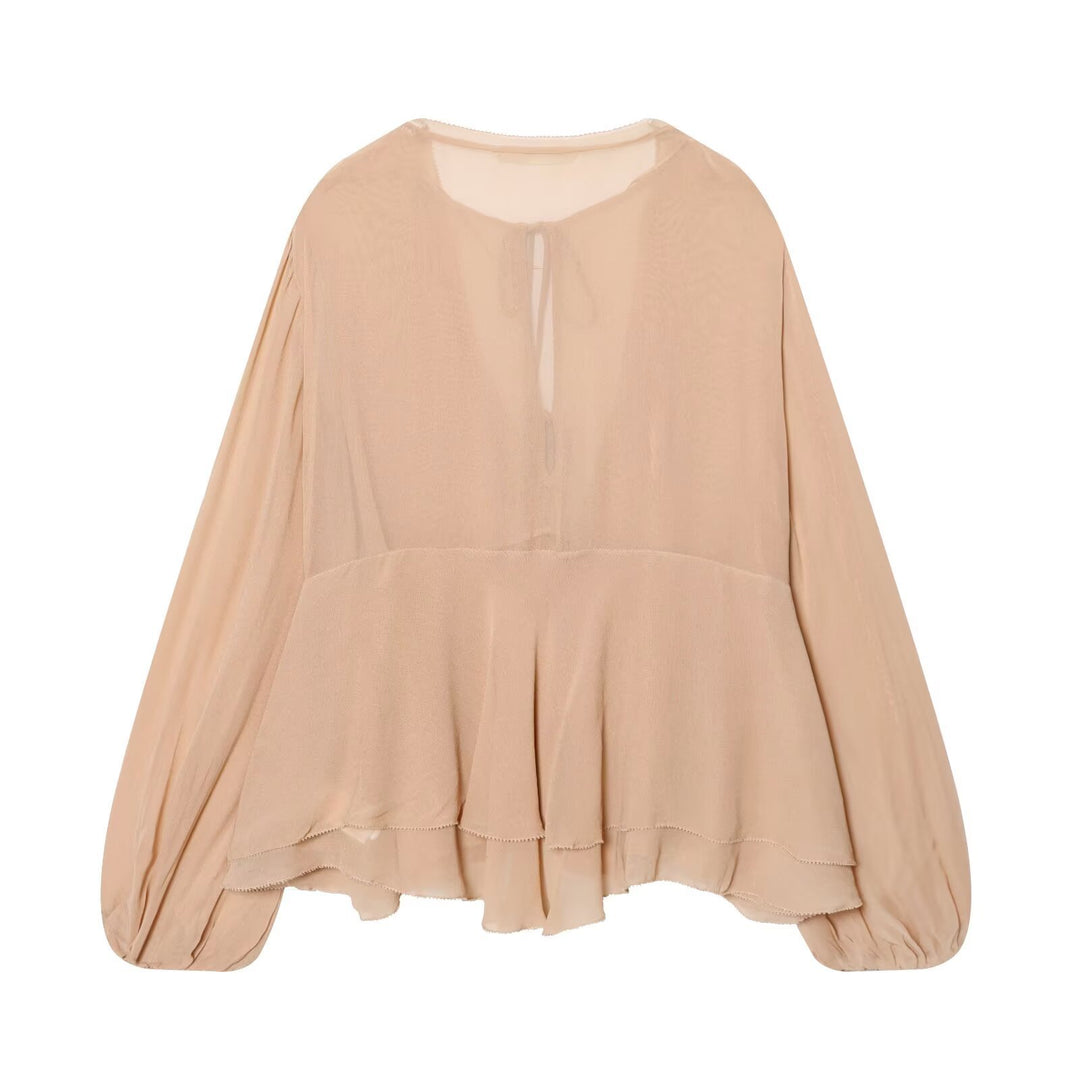 Damen Luftige Chiffon-Bluse mit tiefem V‑Ausschnitt, Bindebändern, Volantstufen und Ballonärmeln Nord Taschen