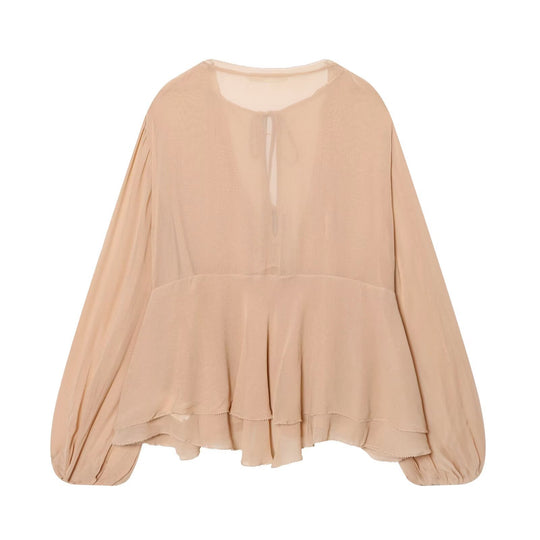 Damen Luftige Chiffon-Bluse mit tiefem V‑Ausschnitt, Bindebändern, Volantstufen und Ballonärmeln Nord Taschen