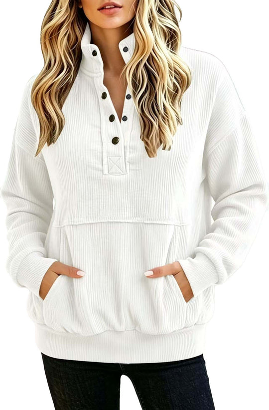 Damen gerippter Henley-Pullover mit Stehkragen und Kängurutasche Nord Taschen