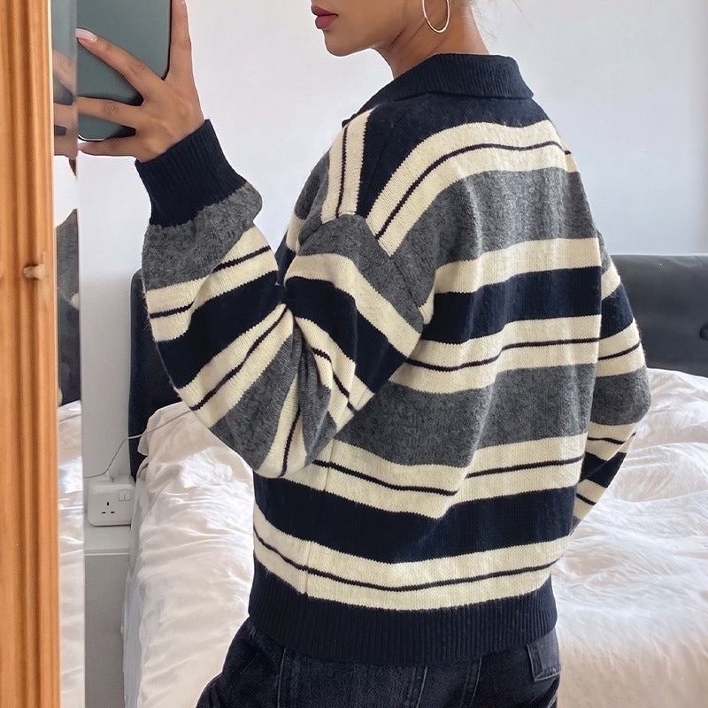 Damen Oversize-Polokragen-Strickpullover mit Streifenmuster und Raglanärmeln Nord Taschen