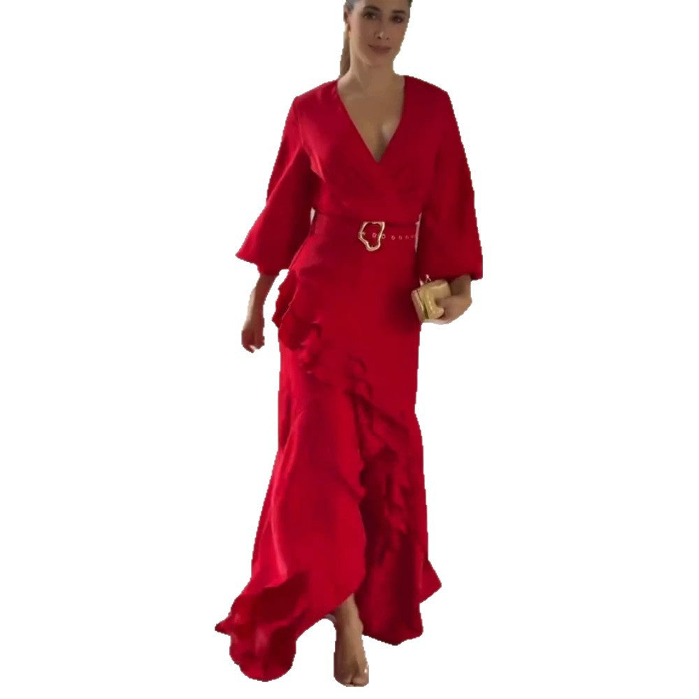 Damen Elegantes Wickel-Maxikleid mit Volants, tailliertem Gürtel & weitem Glockenärmel Nord Taschen