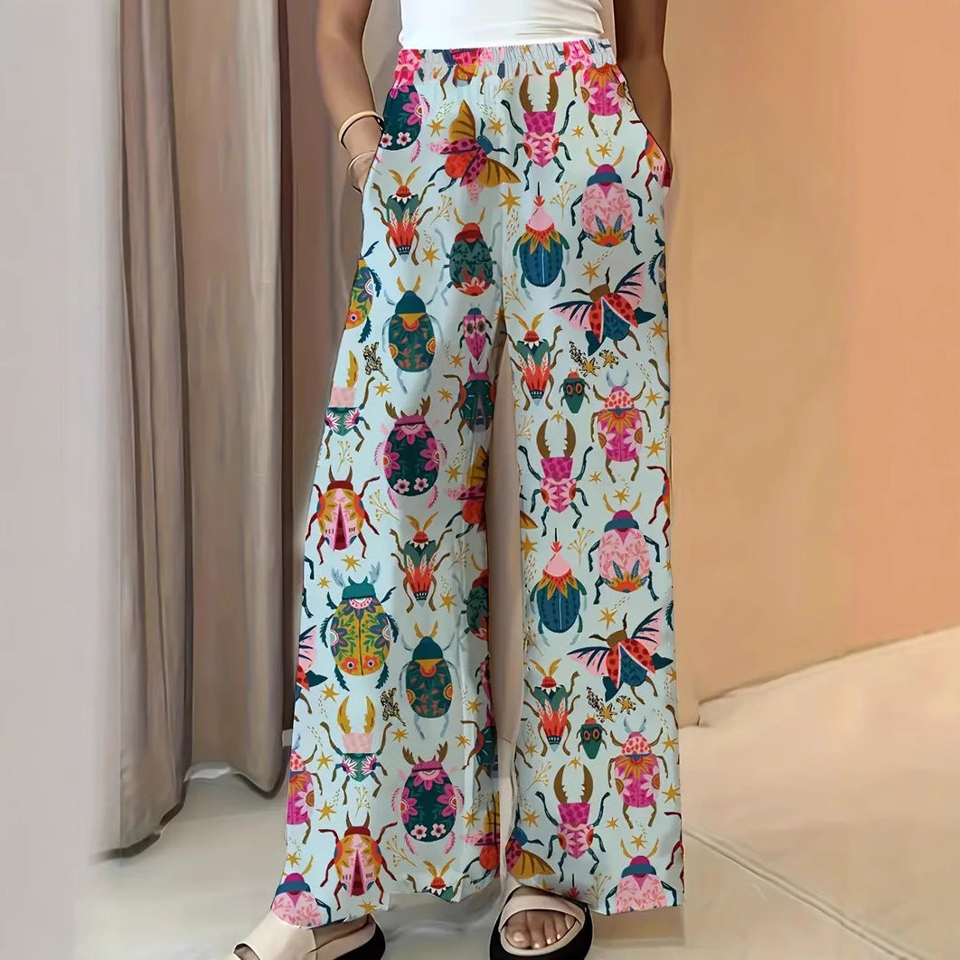 Damen Weite Palazzo-Hose mit elastischem Bund und auffälligem Käferprint Nord Taschen