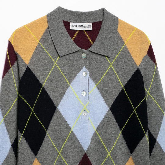 Damen Strickpoloshirt mit Rautenmuster und Knopfleiste Nord Taschen